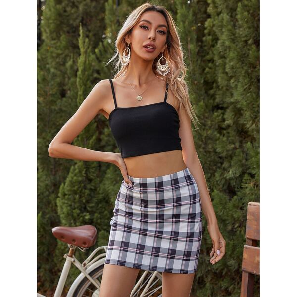 

Solid Cami Top & Plaid Skirt, Multicolor