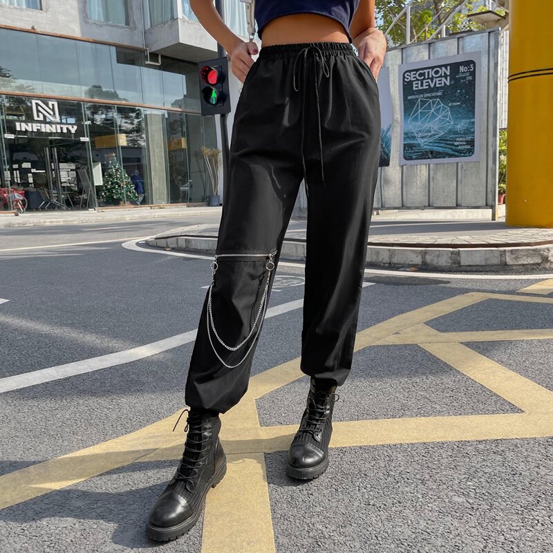 Chain Detail Drawstring Waist Joggers, Black