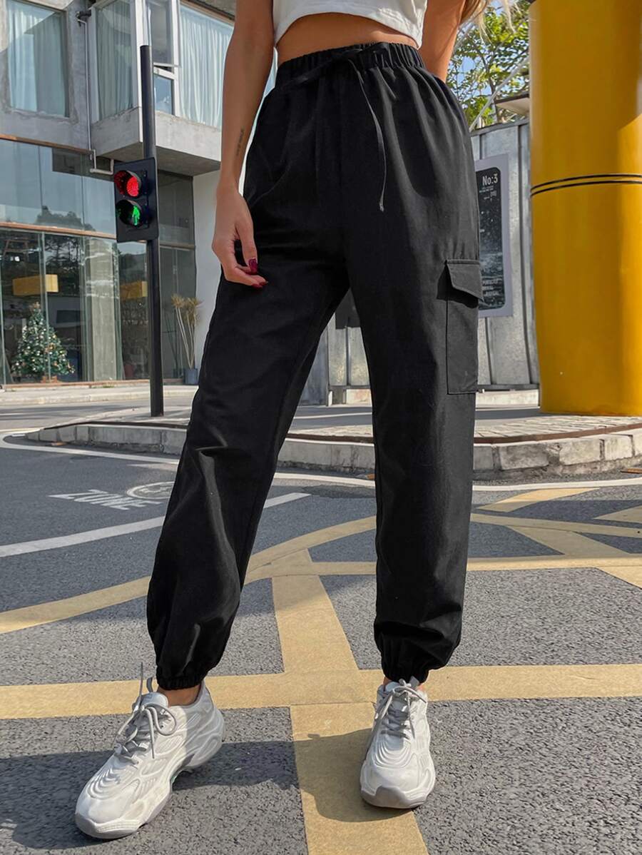Pantalones De Carga Sólidos Con Bolsillos De Solapa - Negro - Ver 1