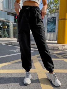 Pantalones De Carga Sólidos Con Bolsillos De Solapa - Negro - Ver 3