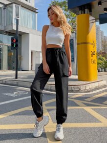Pantalones De Carga Sólidos Con Bolsillos De Solapa - Negro - Ver 5