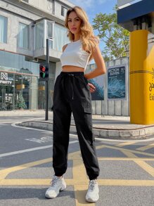 Pantalones De Carga Sólidos Con Bolsillos De Solapa - Negro - Ver 6