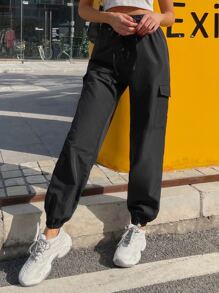 Pantalones De Carga Sólidos Con Bolsillos De Solapa - Negro - Ver 7