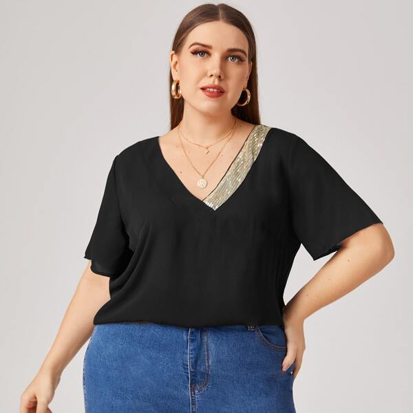

Plus V-neck Sequin Detail Top, Black