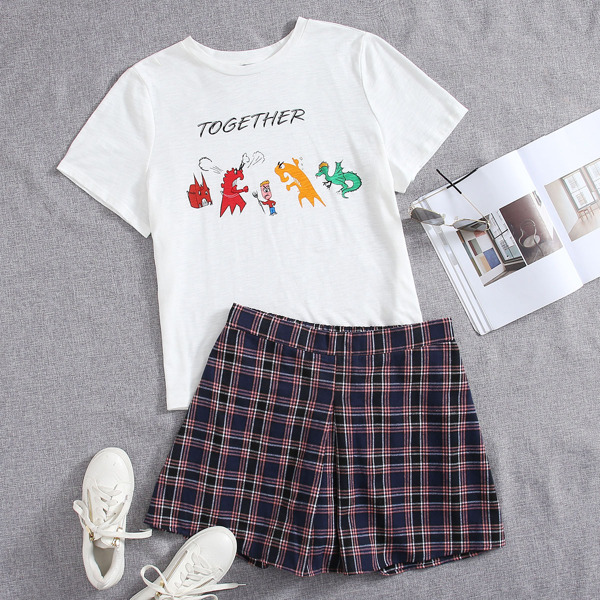 

Plus Letter & Cartoon Graphic Tee and Plaid Skort Set, Multicolor
