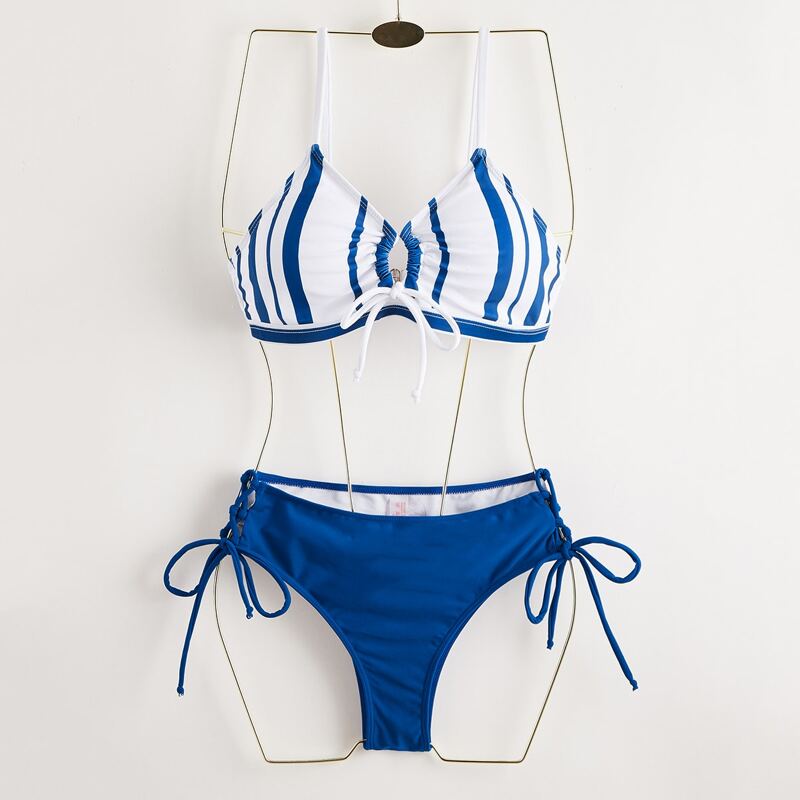 

Stripe Drawstring Front Bikini Swimsuit, Blue and white