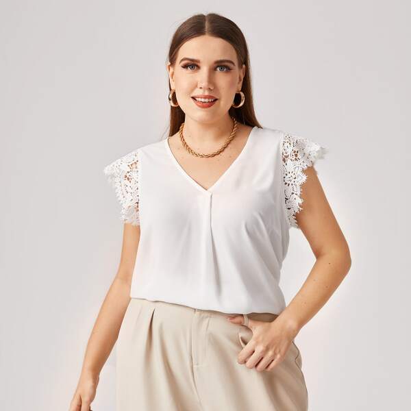 

Plus V-neck Lace Sleeve Top, White