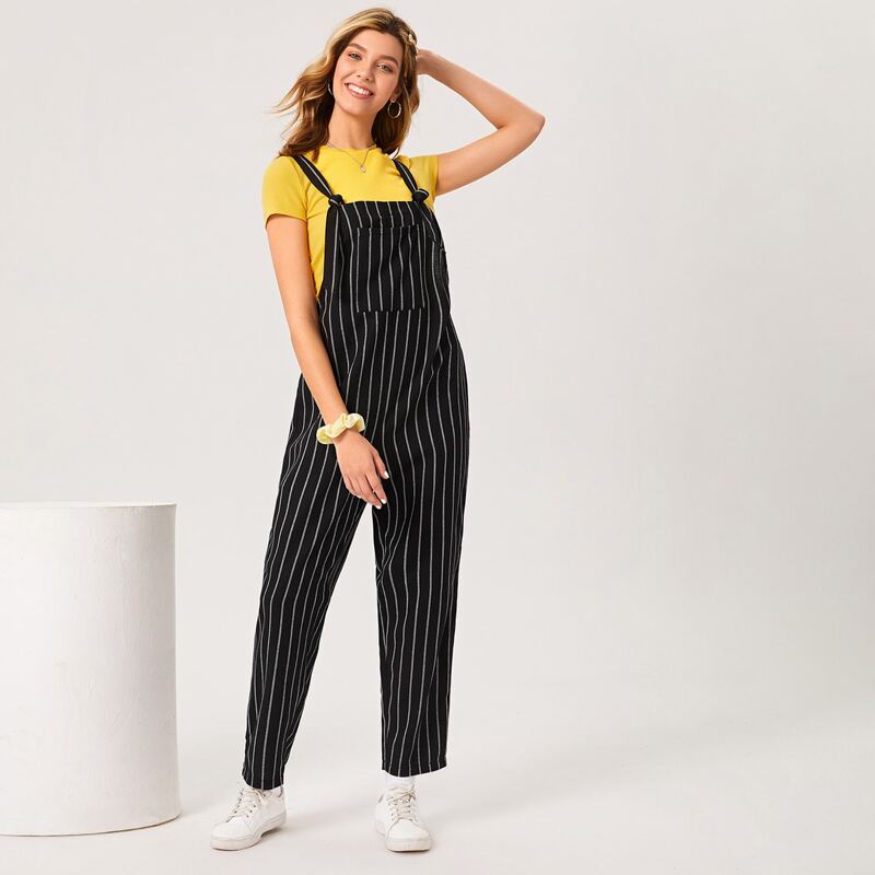 

Striped Knot Front Overalls, Black