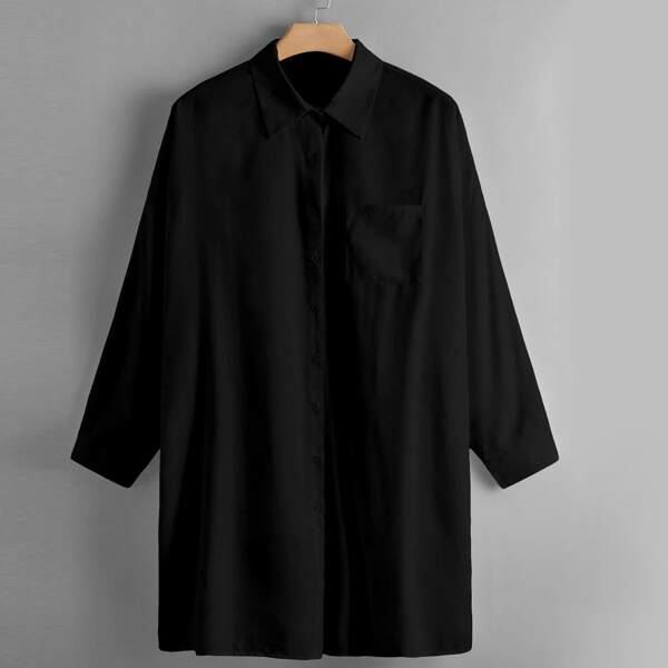 

Plus Pocket Front Button Up Longline Blouse, Black