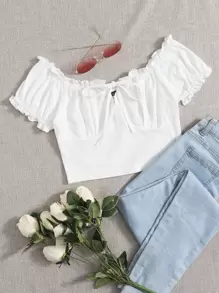 Muchica Off Shoulder Frill Trim Knot Front Top - White - View 1