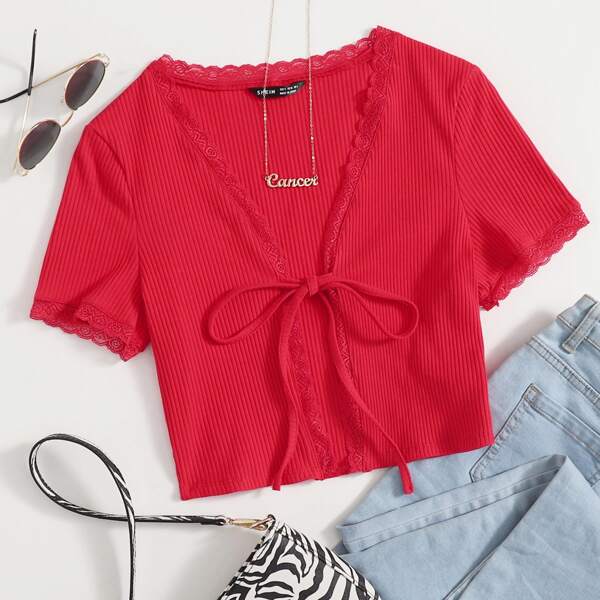 

Knot Front Lace Trim Rib-knit Top, Rose red