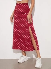 SHEIN Essnce 波卡圓點側開衩半身裙 - 紅白色 - 查看 4