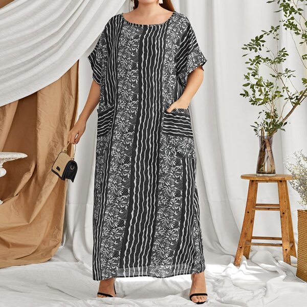 

Plus Striped Floral & Plants Print Dress, Black and white