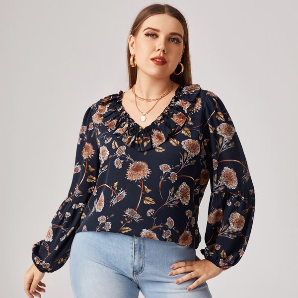 

Plus Ruffle Trim Bishop Sleeve Floral Top, Navy blue