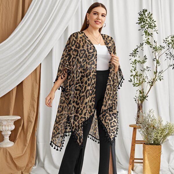 

Plus Leopard Print Fringe Hem Kimono, Multicolor