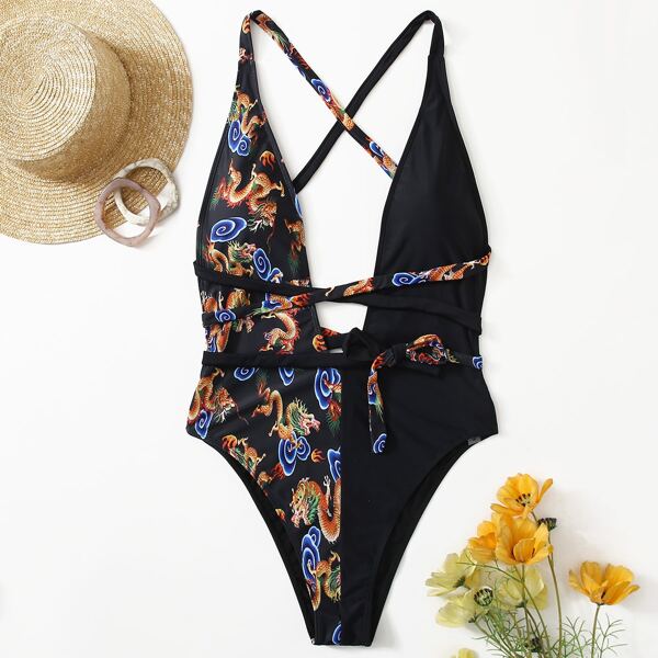 

Plus Chinese Dragon Print Plunging One Piece Swimsuit, Black