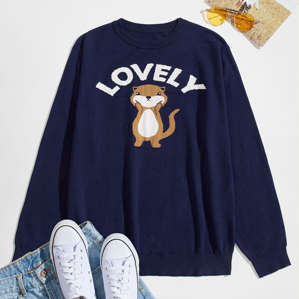 

Men Letter & Animal Pattern Sweater, Navy blue