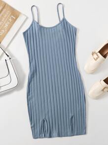 SHEIN EZwear 開衩下擺羅紋針織洋裝 - 霧霾藍 - 查看 1