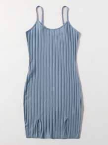 SHEIN EZwear 開衩下擺羅紋針織洋裝 - 霧霾藍 - 查看 3