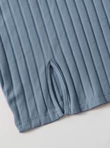 SHEIN EZwear 開衩下擺羅紋針織洋裝 - 霧霾藍 - 查看 5