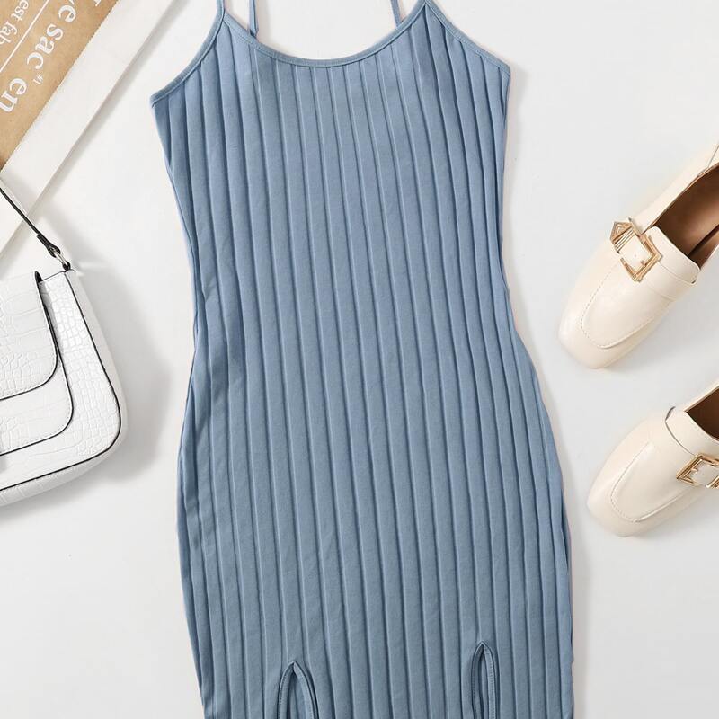 

Split Hem Rib Knit Dress, Dusty blue