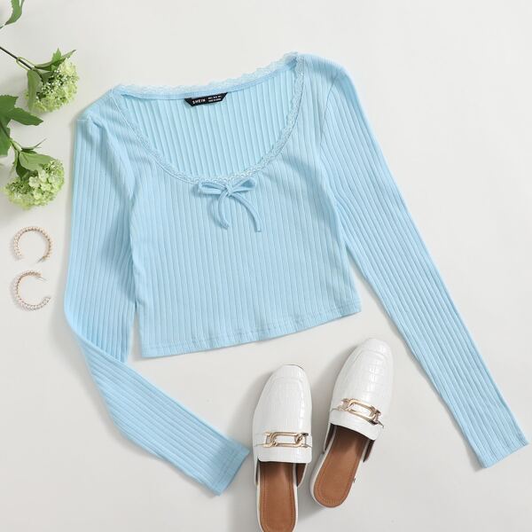 

Lace Trim Knot Front Rib-knit Top, Pastel baby blue