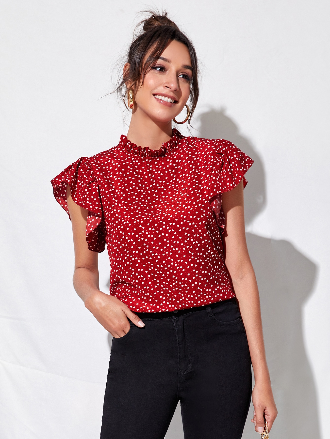 Butterfly Sleeve Allover Heart Print Top thumbnail