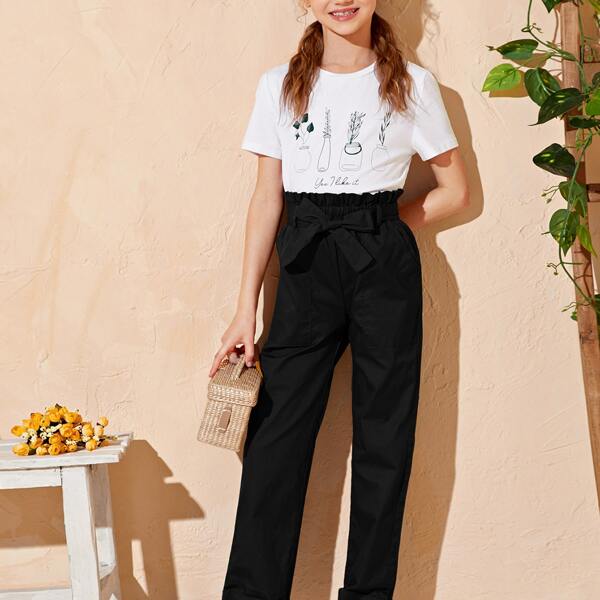 

Girls Plant Print Top & Paperbag Waist Belted Pants Set, Black and white