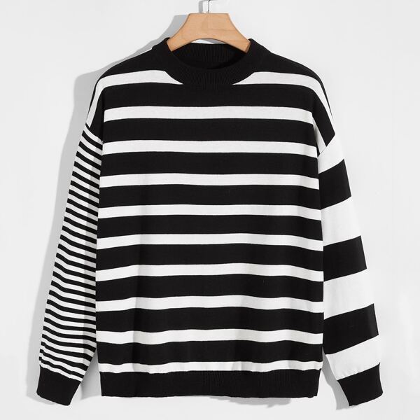 

Men Drop Shoulder Striped Sweater, Black and white