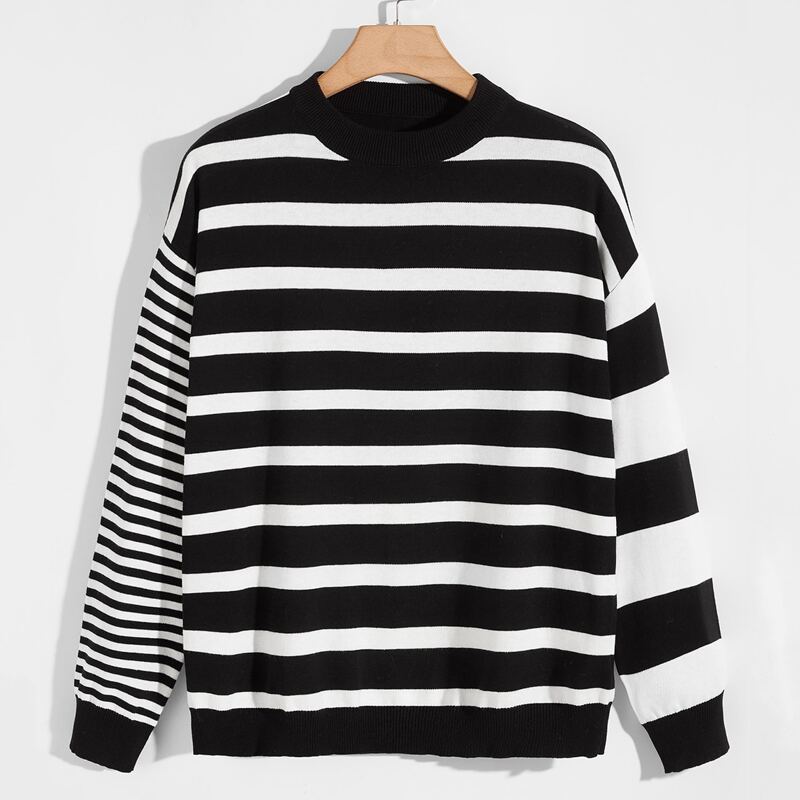 

Guys Drop Shoulder Striped Sweater, Black and white