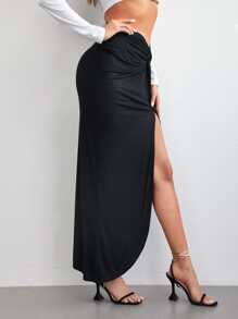 SHEIN Privé Twist Waist High Split Skirt - Black - View 4