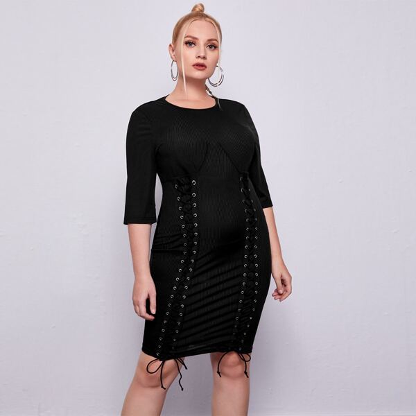 

Plus Lace Up Front Rib-knit Bodycon Dress, Black