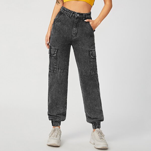 

High Waist Flap Pocket Cargo Jeans, Dark grey