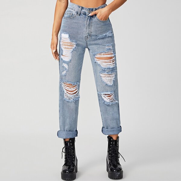 

High Waist Ripped Detail Straight Leg Jeans, Light wash