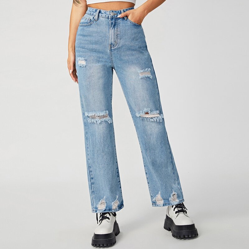 

High Waist Ripped Detail Straight Leg Jeans, Light wash