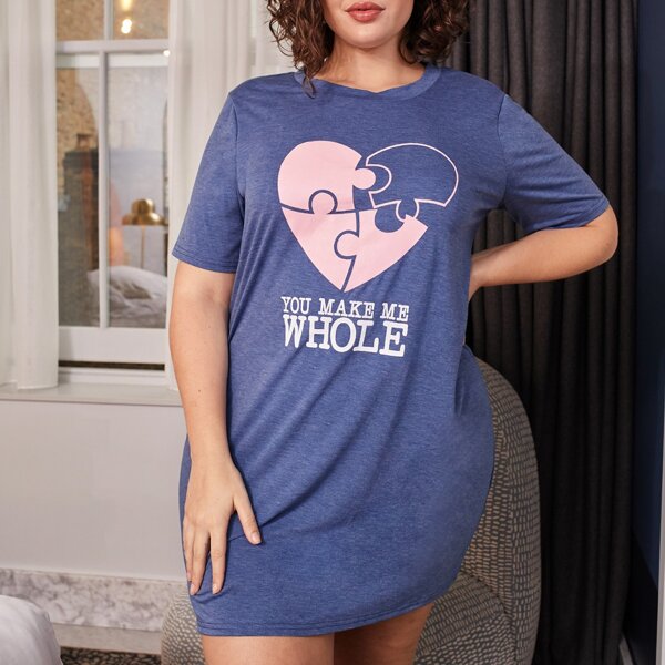 

Plus Slogan & Heart Print Night Dress, Dusty blue