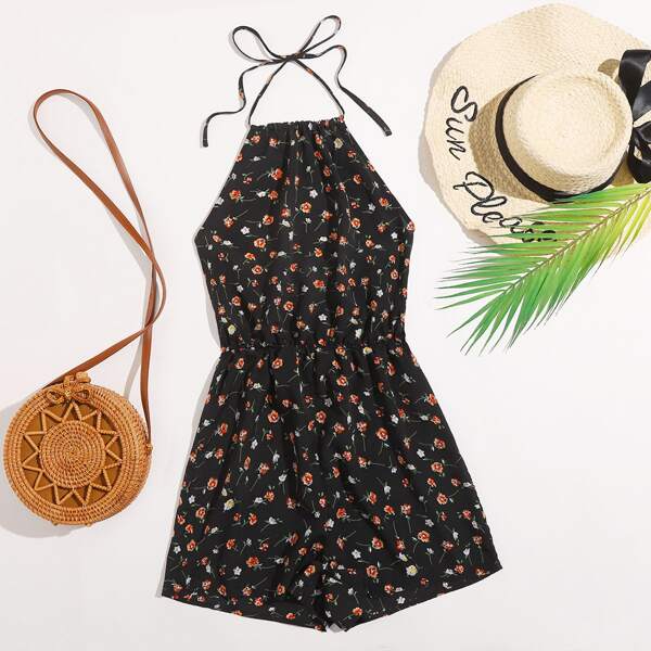 

Ditsy Floral Print Tie Back Halter Romper, Black
