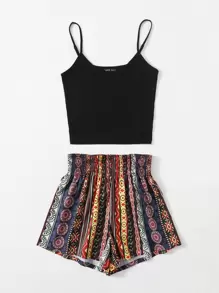 SHEIN VCAY 羅紋針織吊帶上衣和打褶寬腰帶短褲套裝 - 彩色 - 查看 4