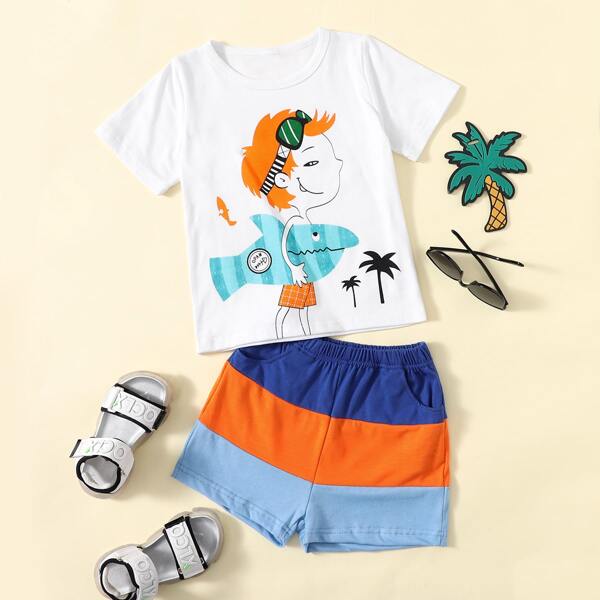 

Toddler Boys Cartoon Graphic Tee & Color Block Shorts, Multicolor