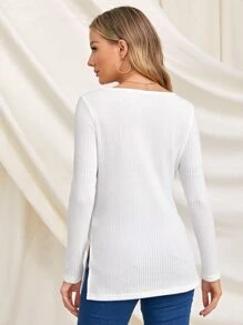 SHEIN Maternidad camiseta tejida de canalé bajo con abertura de cuello V - Blanco - Ver 2