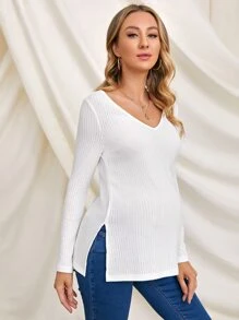 SHEIN Maternidad camiseta tejida de canalé bajo con abertura de cuello V - Blanco - Ver 4