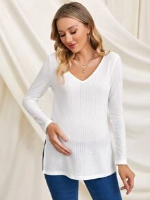 SHEIN Maternidad camiseta tejida de canalé bajo con abertura de cuello V - Blanco - Ver 5