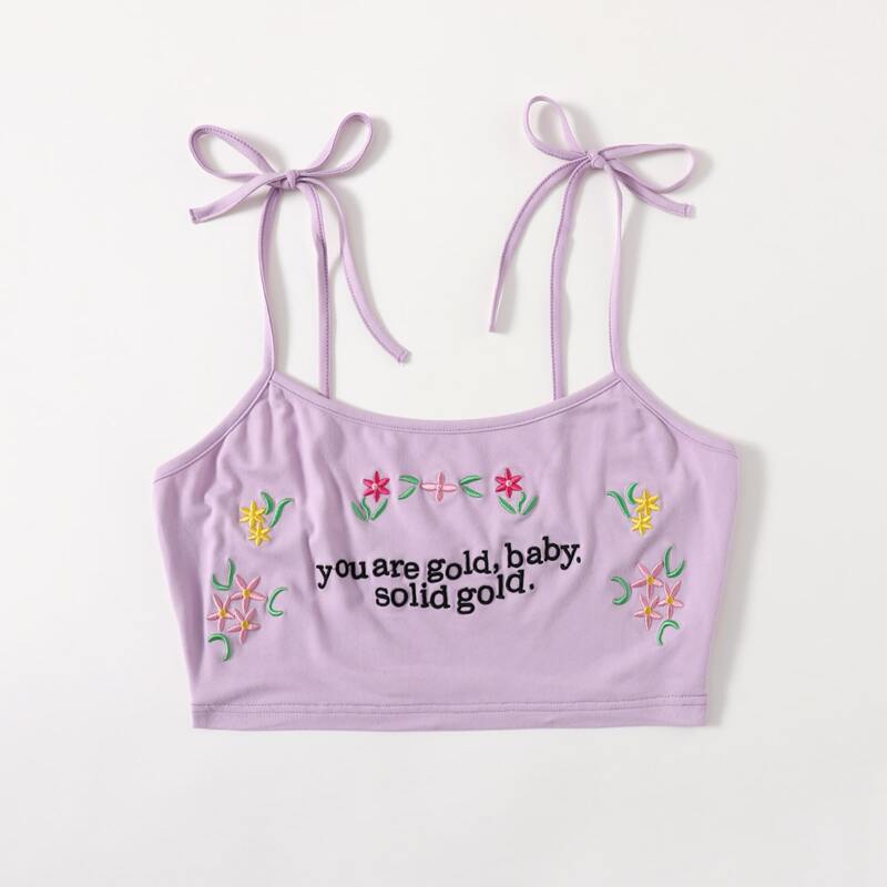 

Floral & Slogan Embroidery Crop Cami Top, Purple