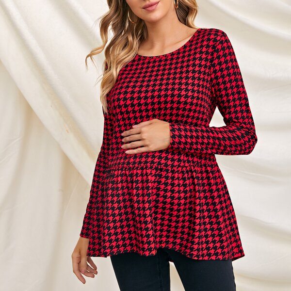 

Maternity Houndstooth Dip Hem Peplum Top, Red