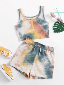 SHEIN 女孩紮染背心上衣和紙袋腰短褲套裝 - 彩色 - 查看 1