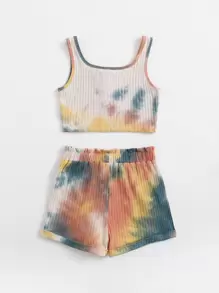 SHEIN 女孩紮染背心上衣和紙袋腰短褲套裝 - 彩色 - 查看 2