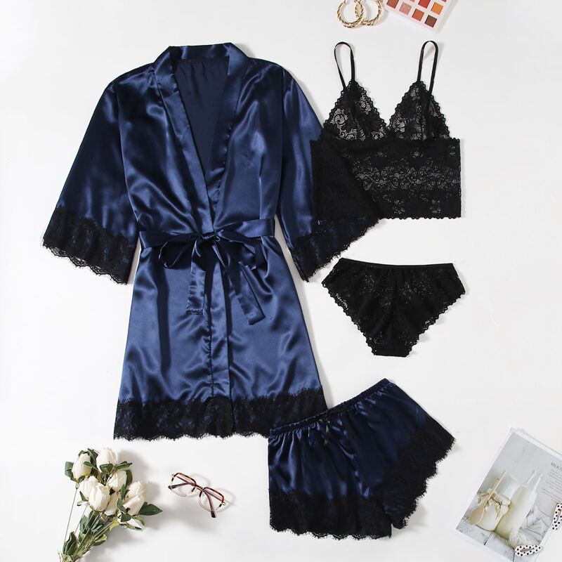 

4pack Floral Lace Satin Lingerie Set, Navy blue