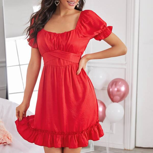 

Sweetheart Neck Ruffle Hem A-line Dress, Red