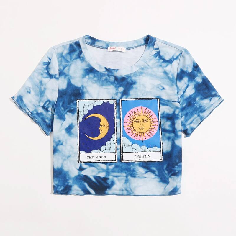 

Sun & Moon Graphic Tie Dye Tee, Blue