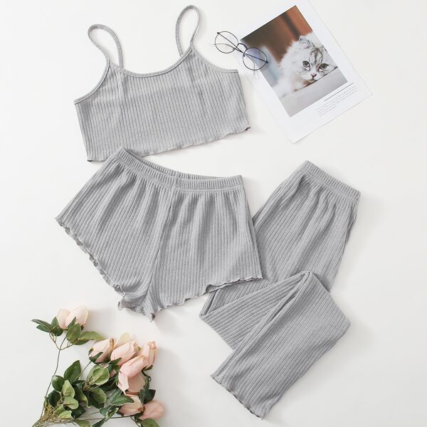 

3pcs Solid Lettuce Trim Cami Lounge Set, Light grey